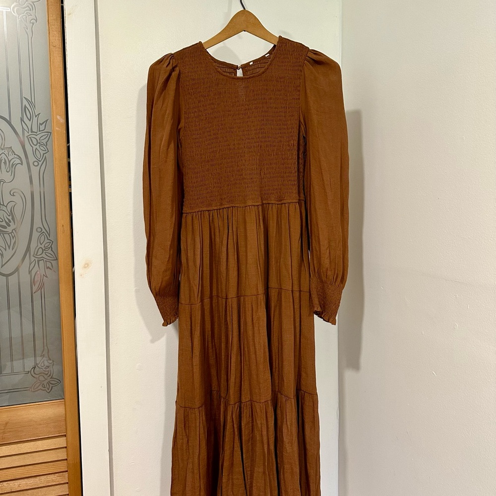 Brown Long Sleeve prairie-Style Maxi Dress